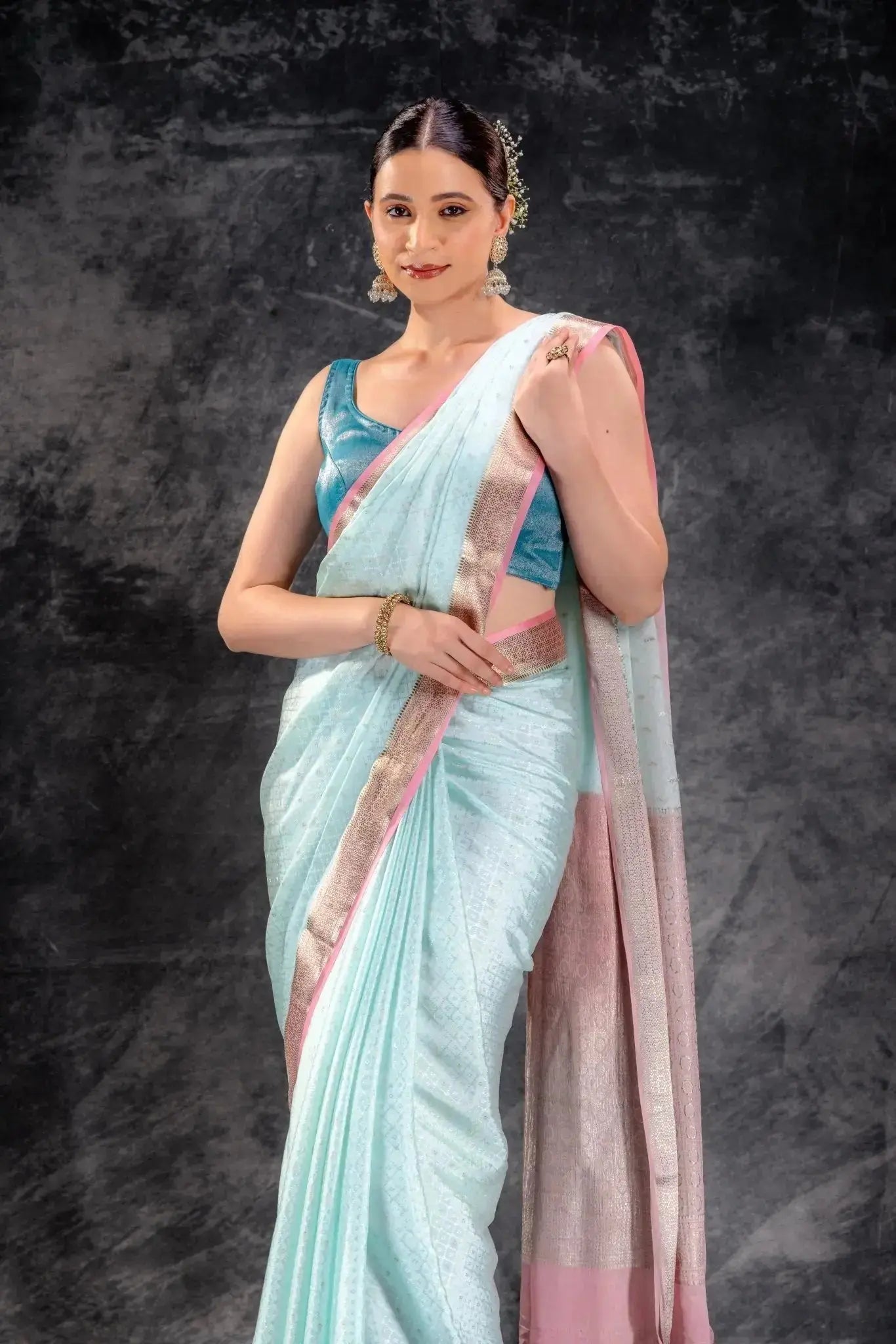 Powder Blue Crepe Silk Saree with Buttas and Diamond Weave that-saree-shop.myshopify.com