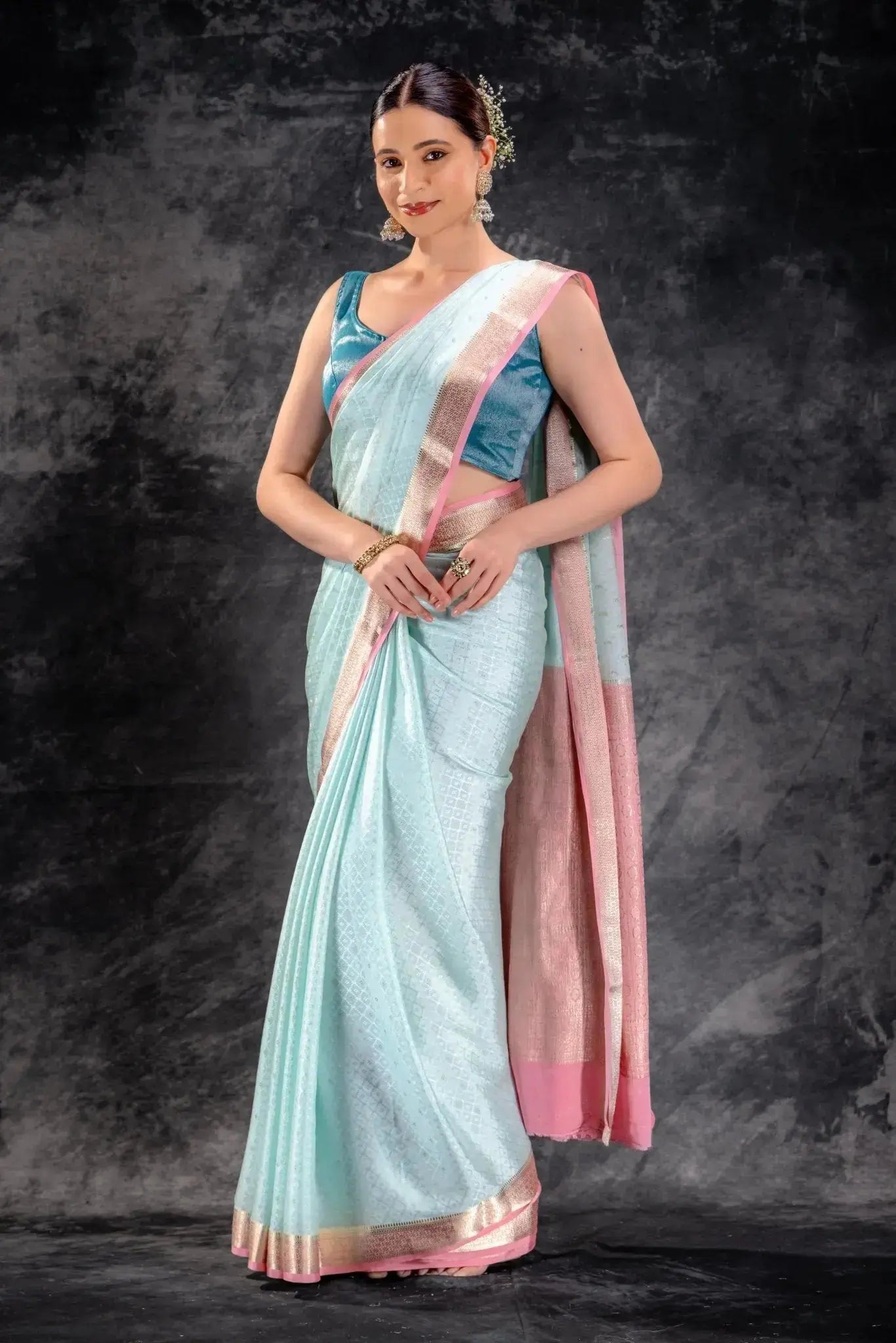 Powder Blue Crepe Silk Saree with Buttas and Diamond Weave that-saree-shop.myshopify.com