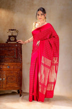 Rani Pink Crepe Saree with Gold-Silver Check Lines with Satin Border that-saree-shop.myshopify.com