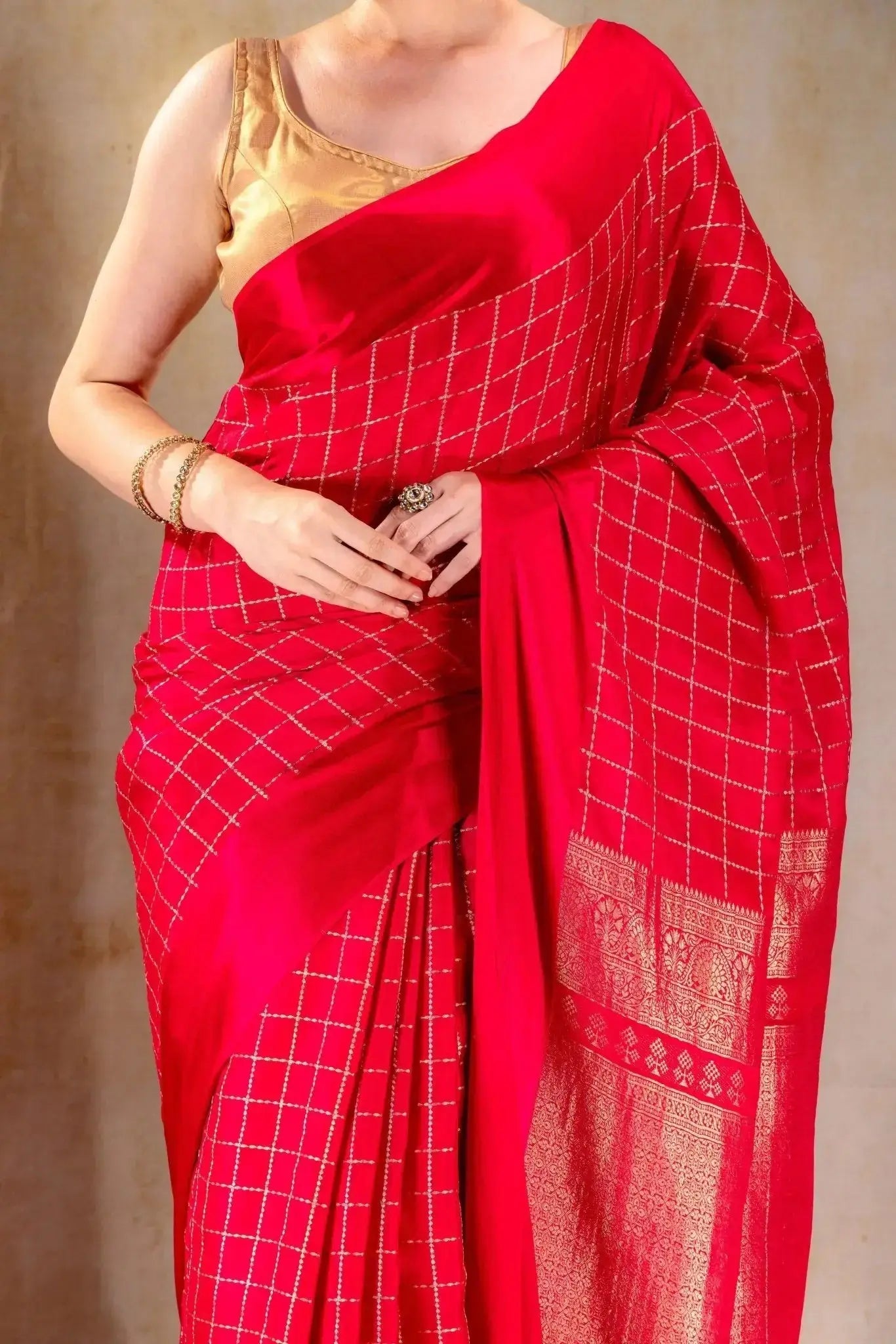 Rani Pink Crepe Saree with Gold-Silver Check Lines with Satin Border that-saree-shop.myshopify.com