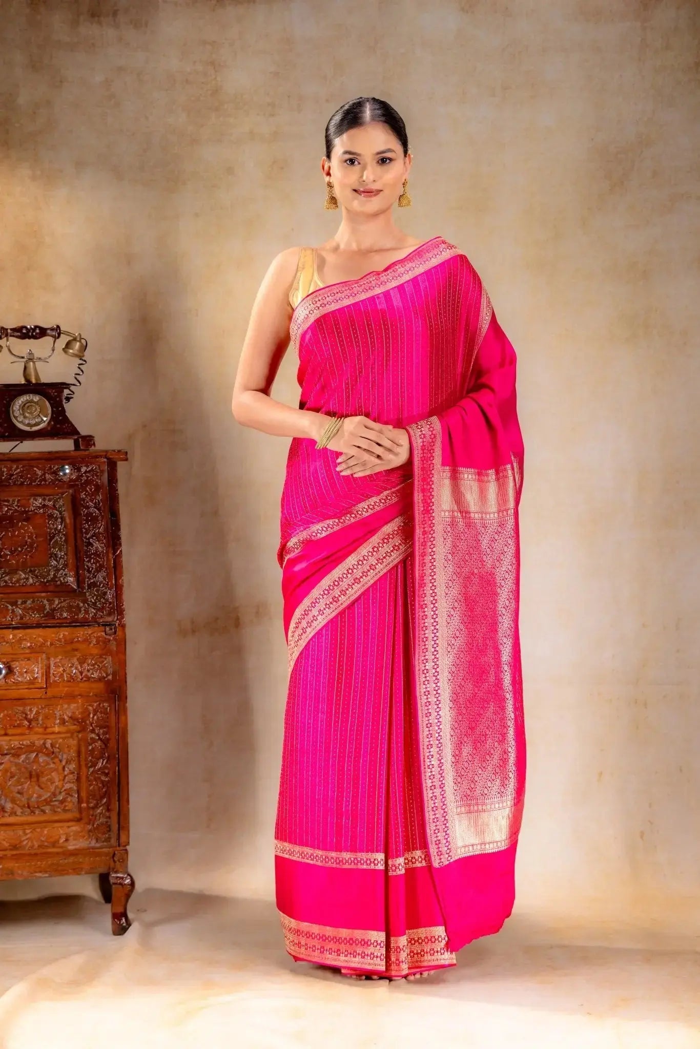 Rani Pink Crepe Saree with Gold Zari Square Border & Dot-Line Motifs that-saree-shop.myshopify.com