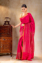 Rani Pink Crepe Silk Saree with Antique Zari Elephant Border that-saree-shop.myshopify.com