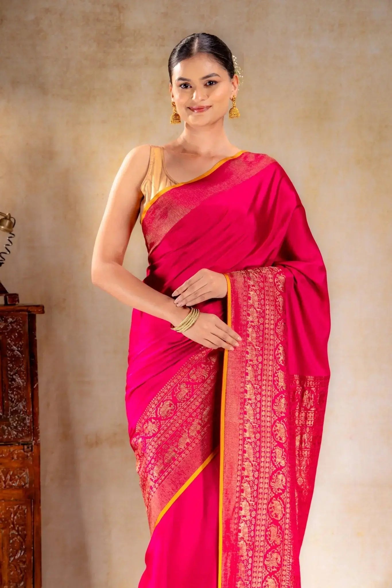 Rani Pink Crepe Silk Saree with Antique Zari Elephant Border that-saree-shop.myshopify.com