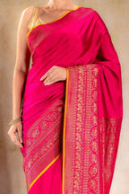 Rani Pink Crepe Silk Saree with Antique Zari Elephant Border that-saree-shop.myshopify.com