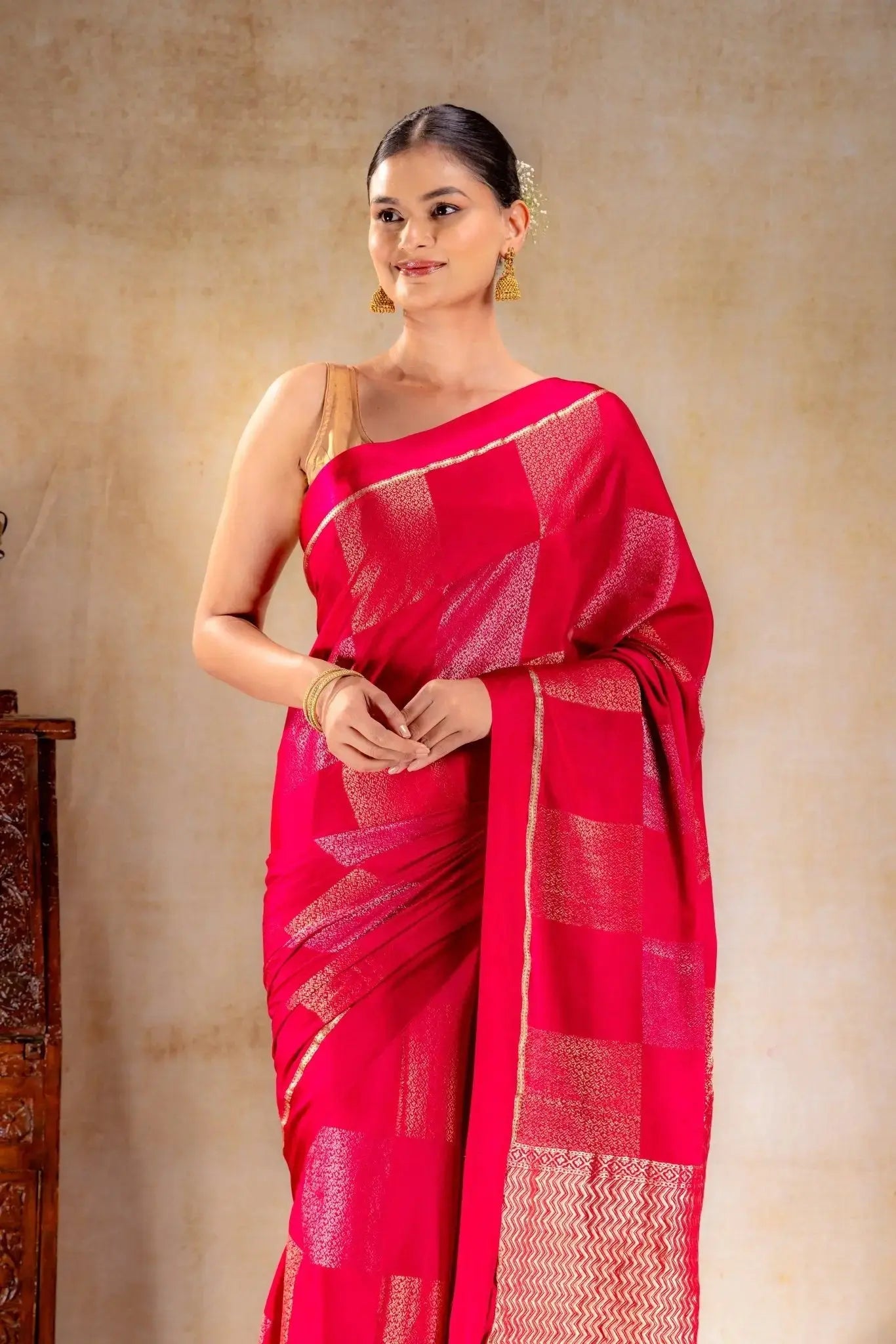 Rani Pink Crepe Silk Saree with Dual Zari Floral Box Motifs and Satin Border that-saree-shop.myshopify.com