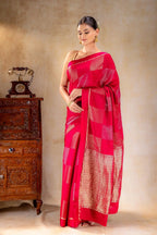 Rani Pink Crepe Silk Saree with Dual Zari Floral Box Motifs and Satin Border that-saree-shop.myshopify.com