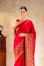 Red Crepe Silk Saree with Antique Zari Doble Peacock Border that-saree-shop.myshopify.com