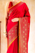 Red Crepe Silk Saree with Antique Zari Doble Peacock Border that-saree-shop.myshopify.com