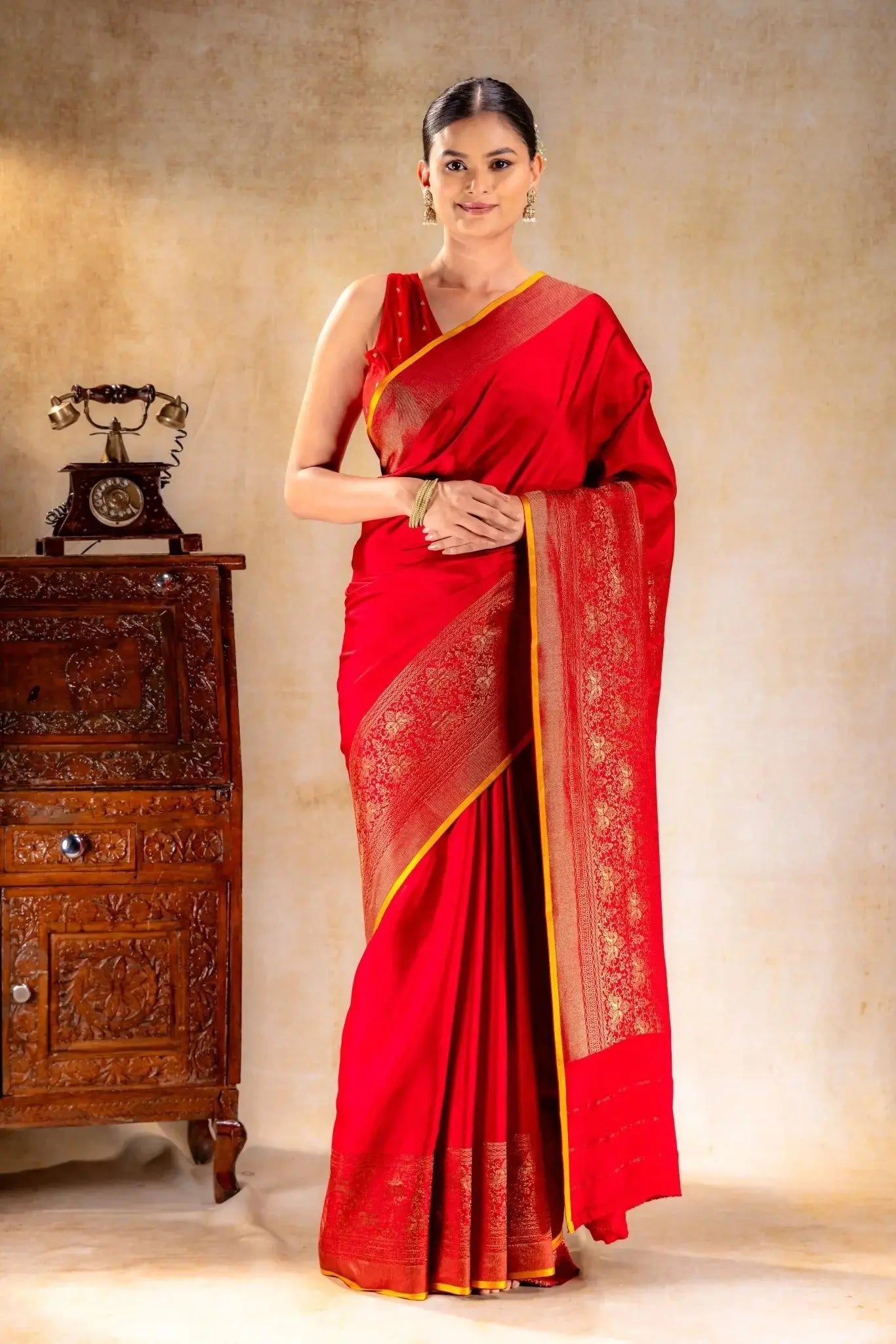 Red Crepe Silk Saree with Antique Zari Doble Peacock Border that-saree-shop.myshopify.com