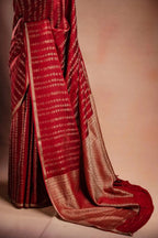 Red Crepe Silk Saree with Floral Zari Stripes that-saree-shop.myshopify.com