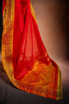 Red Gadwal Cotton Mix Saree with Yellow Border that-saree-shop.myshopify.com