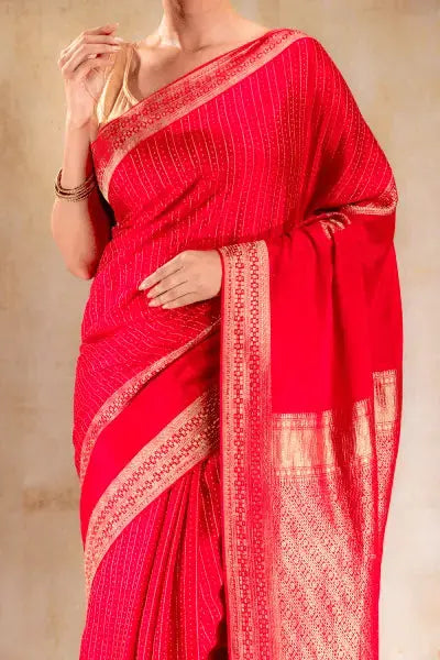 Red Pink Crepe Saree with Gold Zari Square Border & Dot-Line Motifs that-saree-shop.myshopify.com