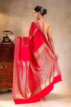 Red Pink Crepe Saree with Gold Zari Square Border & Dot-Line Motifs that-saree-shop.myshopify.com