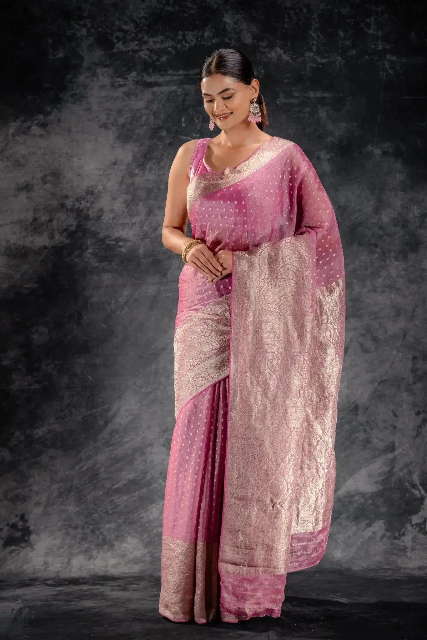 Rose Pink Tissue Saree with Bold Mango Border and SilverButtas that-saree-shop.myshopify.com