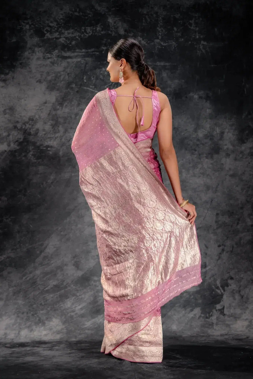 Rose Pink Tissue Saree with Bold Mango Border and SilverButtas that-saree-shop.myshopify.com