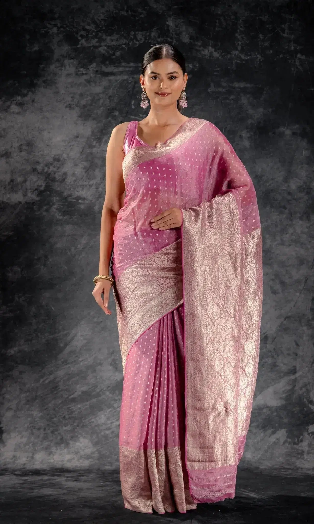 Rose Pink Tissue Saree with Bold Mango Border and SilverButtas that-saree-shop.myshopify.com