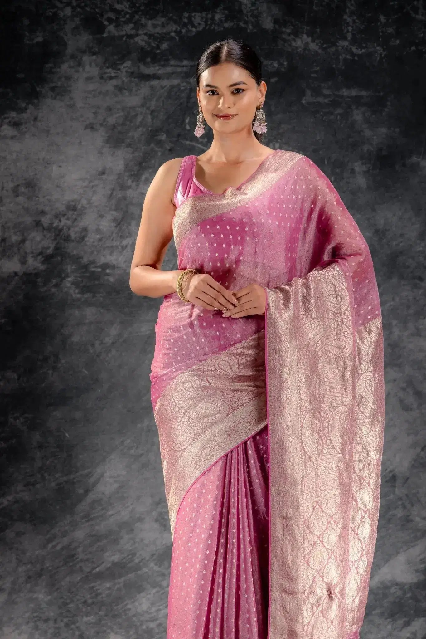 Rose Pink Tissue Saree with Bold Mango Border and SilverButtas that-saree-shop.myshopify.com