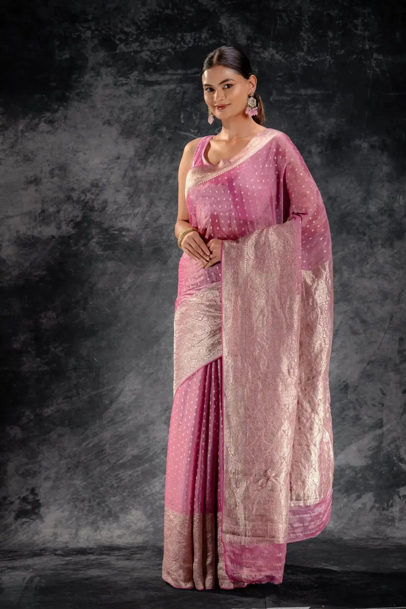 Rose Pink Tissue Saree with Bold Mango Border and SilverButtas that-saree-shop.myshopify.com