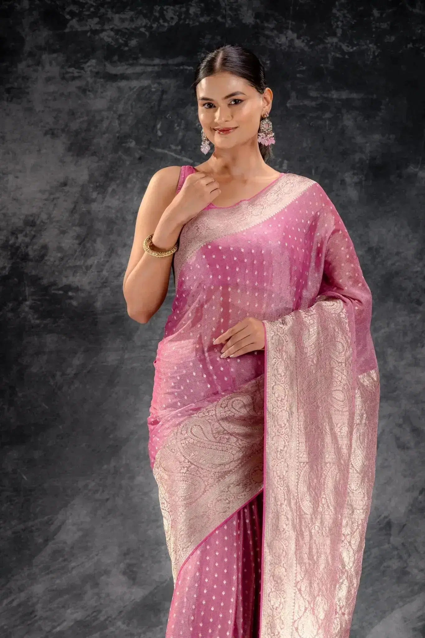 Rose Pink Tissue Saree with Bold Mango Border and SilverButtas that-saree-shop.myshopify.com