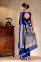 Royal Blue Crepe Saree with Gold Zari Square Border and Dot-Line Motifs that-saree-shop.myshopify.com