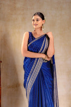 Royal Blue Crepe Saree with Gold Zari Square Border and Dot-Line Motifs that-saree-shop.myshopify.com