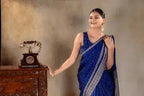 Royal Blue Crepe Saree with Gold Zari Square Border and Dot-Line Motifs that-saree-shop.myshopify.com