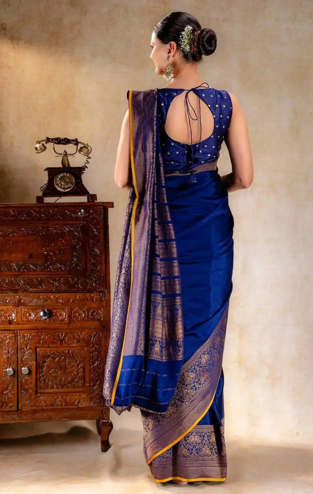 Royal Blue Crepe Silk Saree with Antique Zari Double Peacock Border that-saree-shop.myshopify.com
