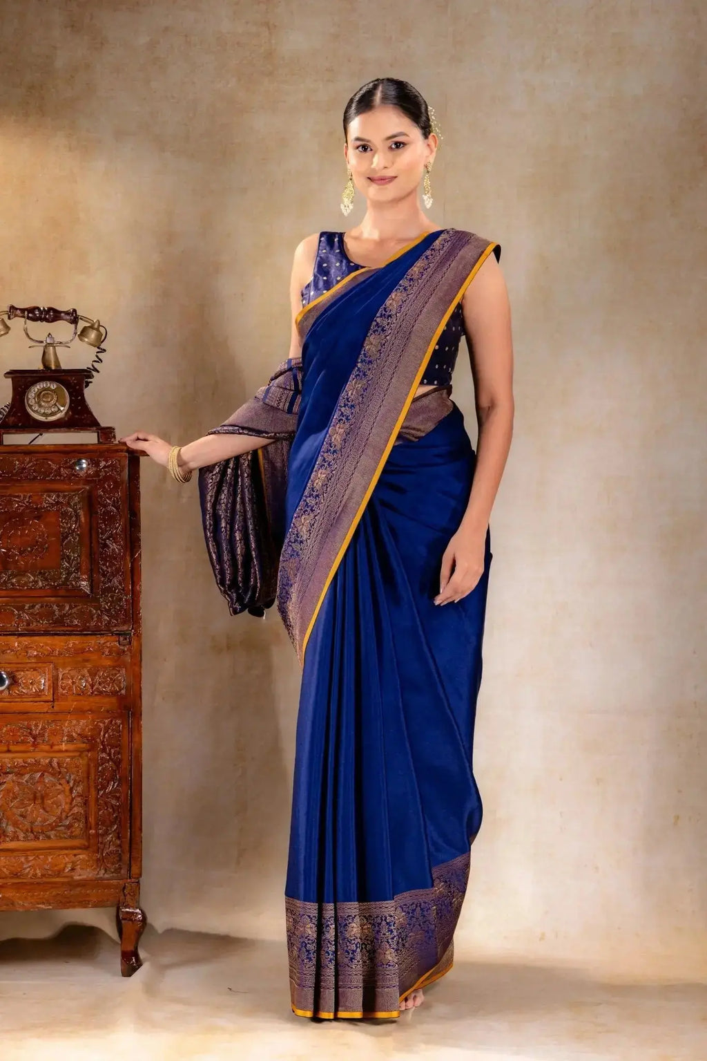 Royal Blue Crepe Silk Saree with Antique Zari Double Peacock Border that-saree-shop.myshopify.com