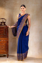 Royal Blue Crepe Silk Saree with Antique Zari Double Peacock Border that-saree-shop.myshopify.com