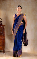 Royal Blue Crepe Silk Saree with Antique Zari Double Peacock Border that-saree-shop.myshopify.com