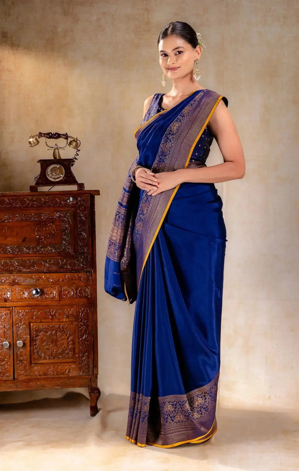 Royal Blue Crepe Silk Saree with Antique Zari Double Peacock Border that-saree-shop.myshopify.com