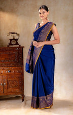 Royal Blue Crepe Silk Saree with Antique Zari Double Peacock Border that-saree-shop.myshopify.com