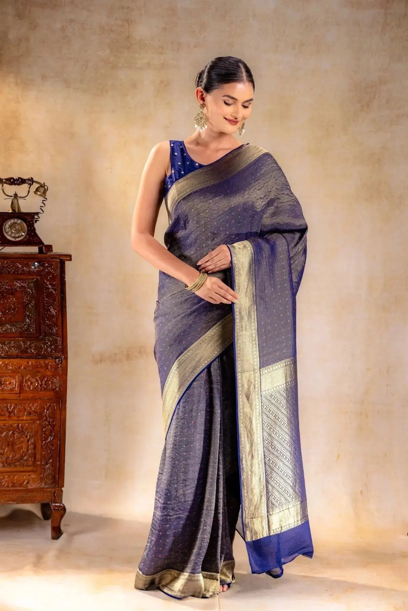 Royal Indigo Crepe Silk Saree with Rani Meena Buttas and Diagonal Zari Weave that-saree-shop.myshopify.com