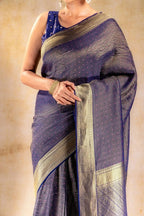 Royal Indigo Crepe Silk Saree with Rani Meena Buttas and Diagonal Zari Weave that-saree-shop.myshopify.com