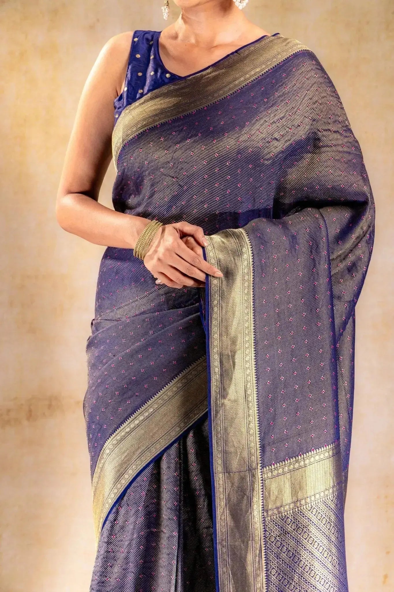 Royal Indigo Crepe Silk Saree with Rani Meena Buttas and Diagonal Zari Weave that-saree-shop.myshopify.com