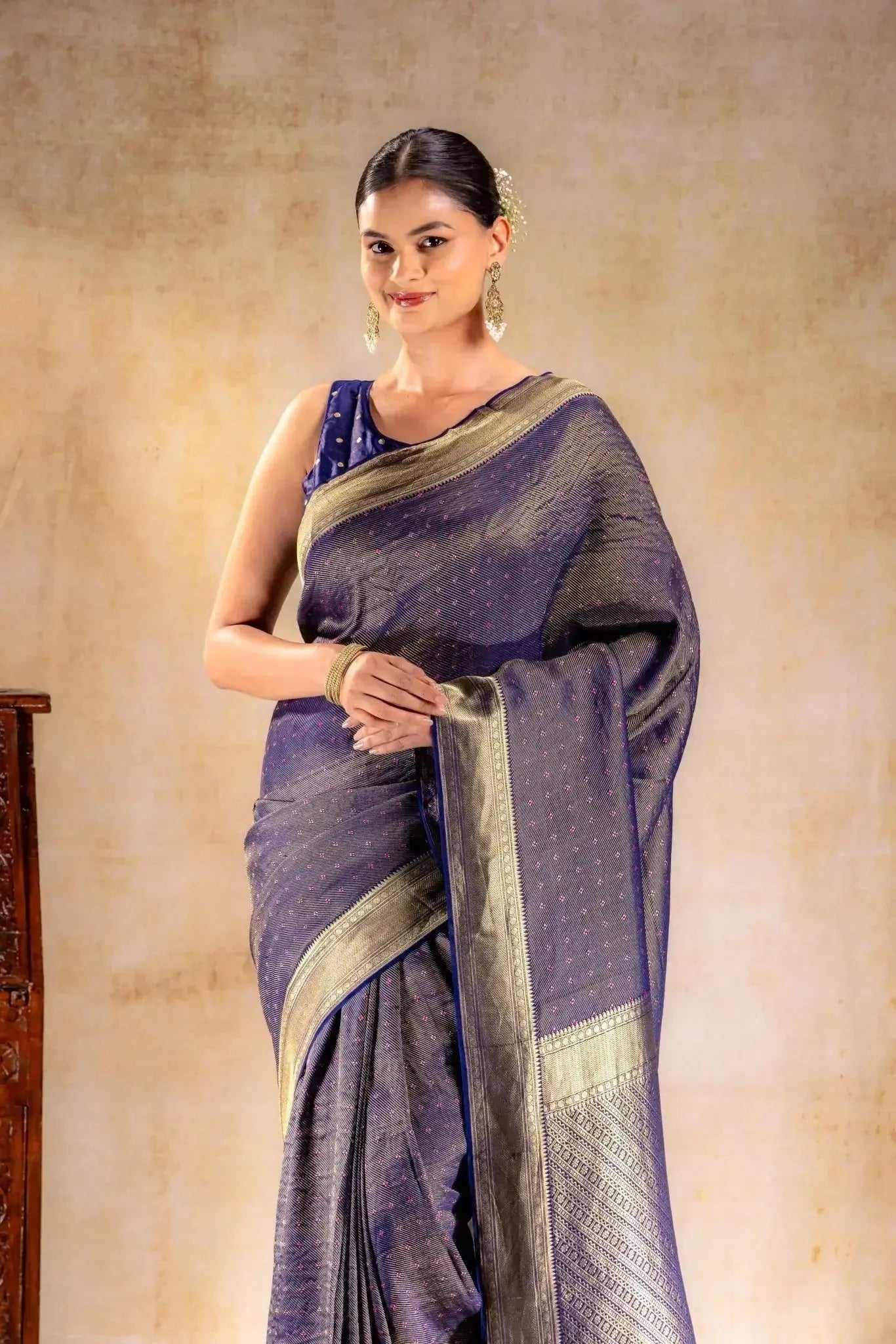 Royal Indigo Crepe Silk Saree with Rani Meena Buttas and Diagonal Zari Weave that-saree-shop.myshopify.com