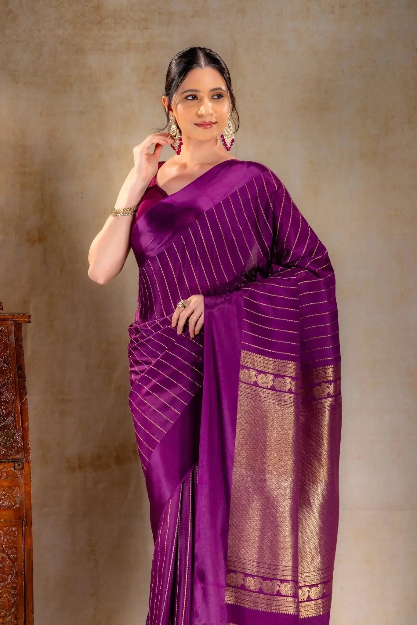 Royal Plum Crepe Saree with Gold and Silver Zari Stripe Detailing that-saree-shop.myshopify.com