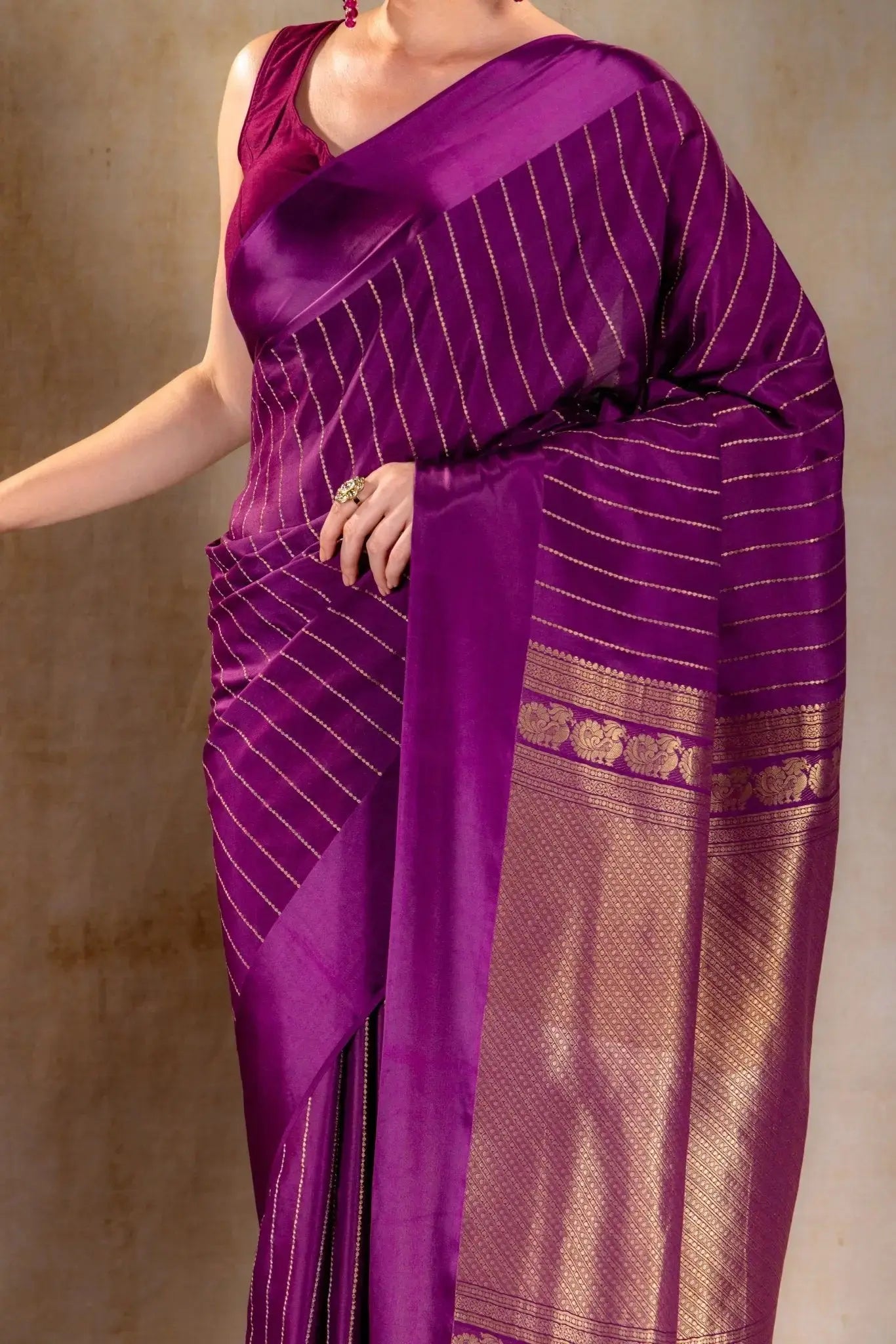 Royal Plum Crepe Saree with Gold and Silver Zari Stripe Detailing that-saree-shop.myshopify.com