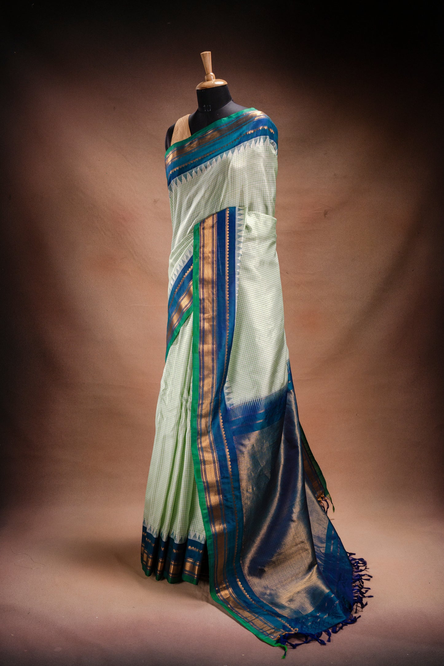 Gadwal Silk Light Green Checks with Blue Border Saree