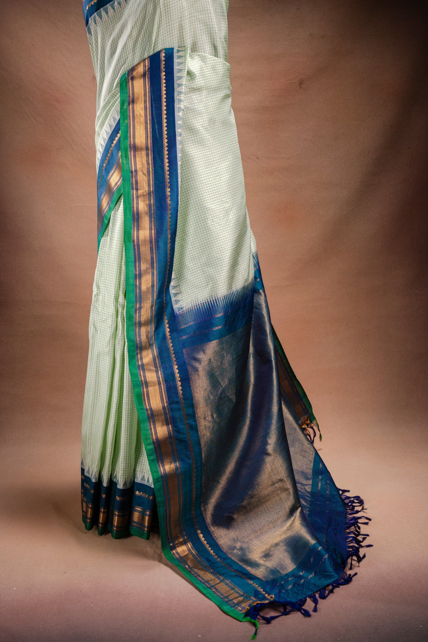 Gadwal Silk Light Green Checks with Blue Border Saree