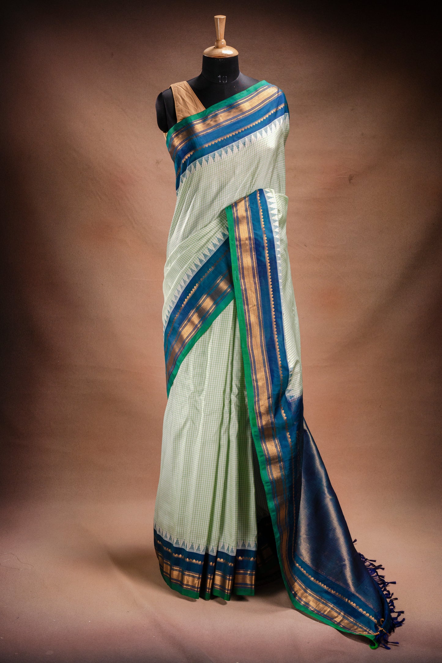 Gadwal Silk Light Green Checks with Blue Border Saree