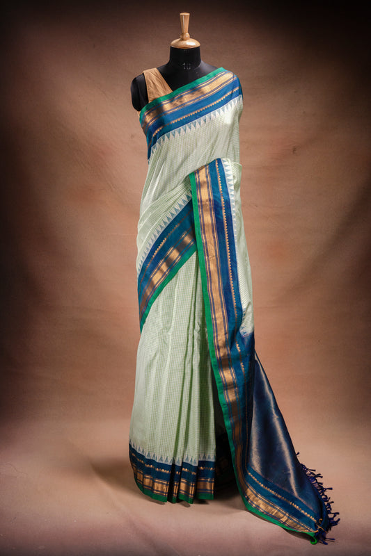Gadwal Silk Light Green Checks with Blue Border Saree