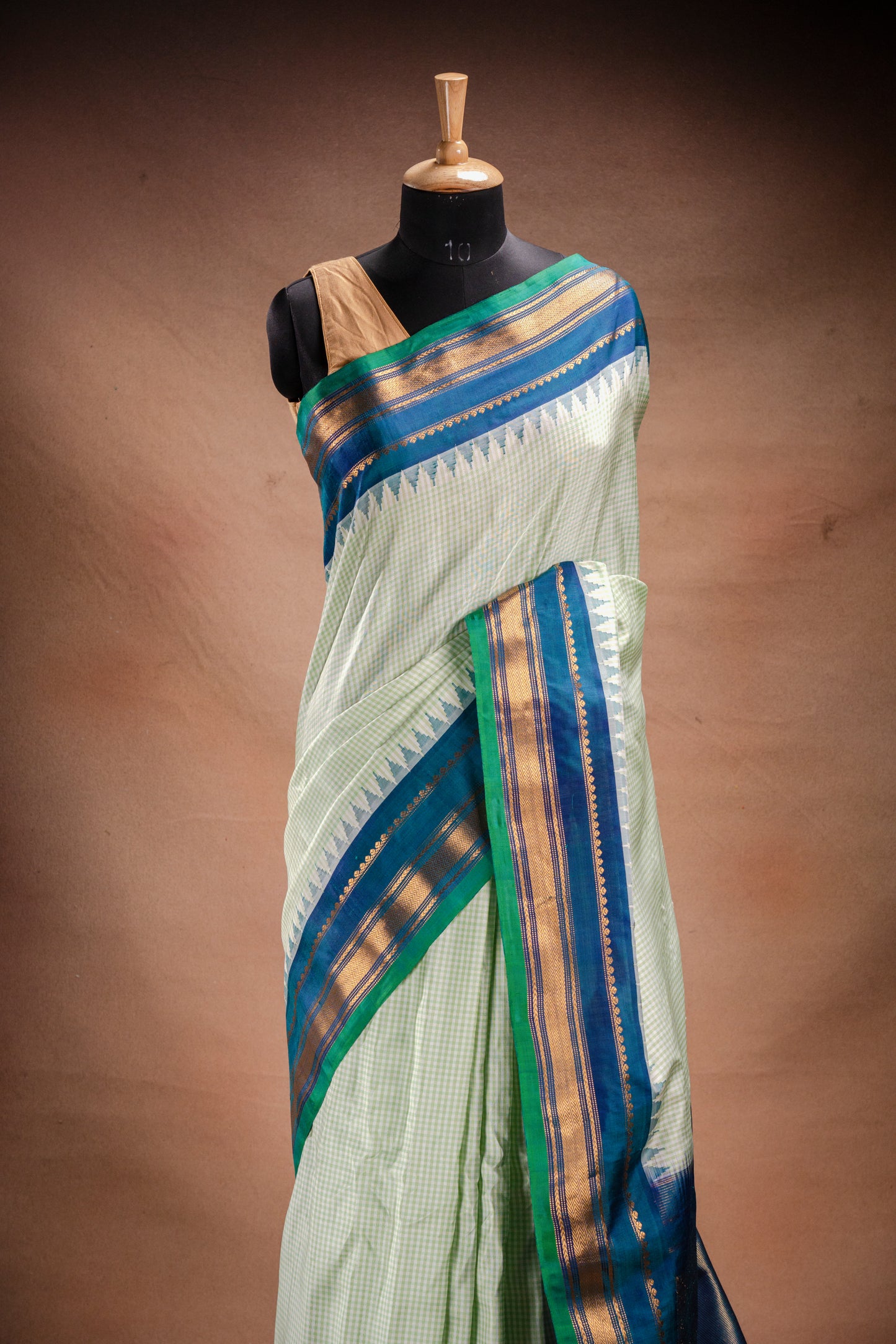 Gadwal Silk Light Green Checks with Blue Border Saree