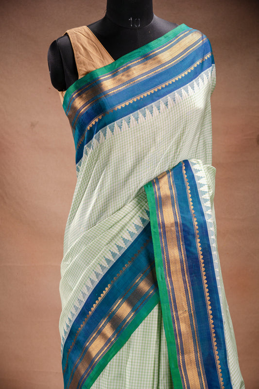 Gadwal Silk Light Green Checks with Blue Border Saree