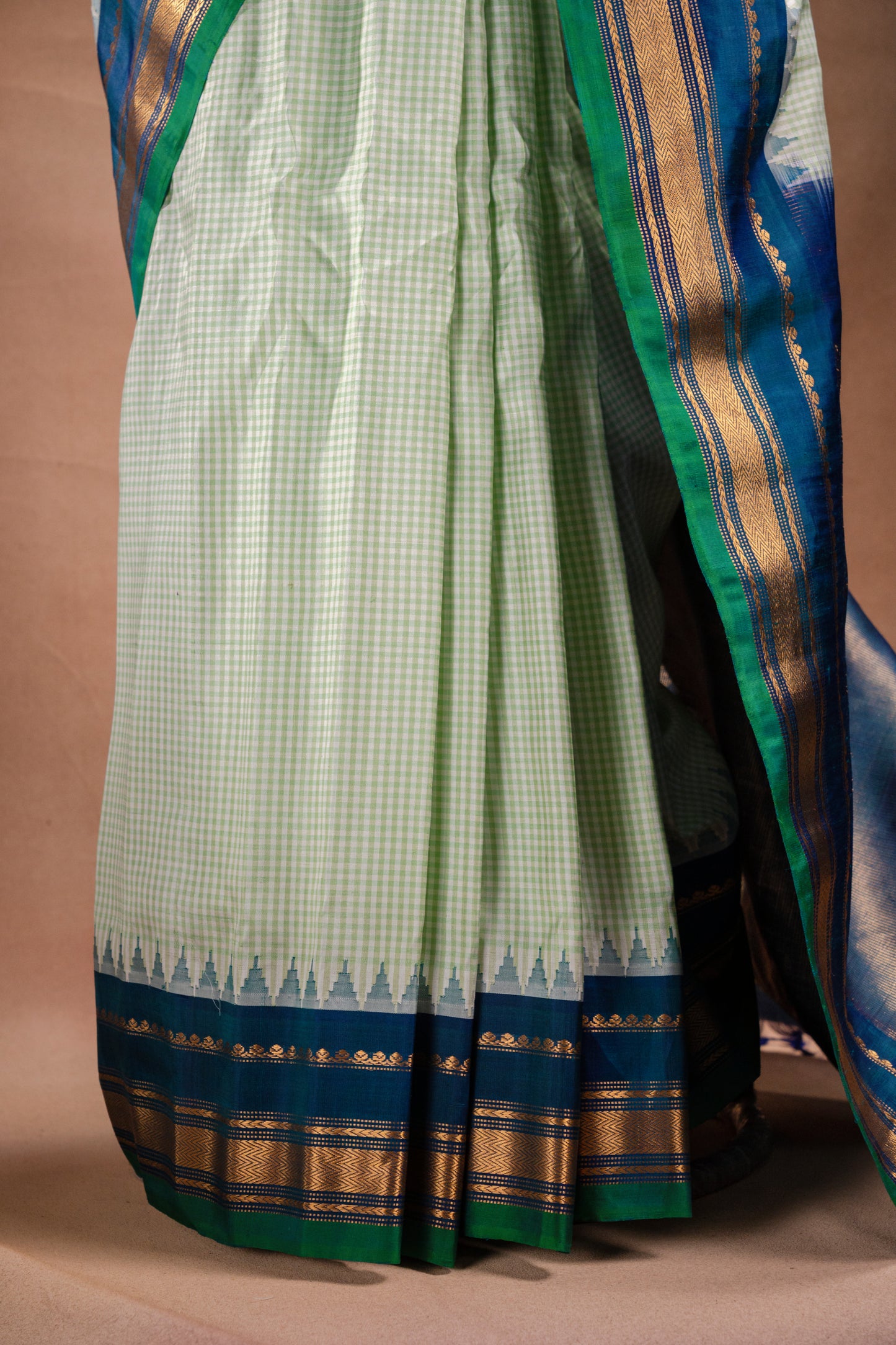 Gadwal Silk Light Green Checks with Blue Border Saree