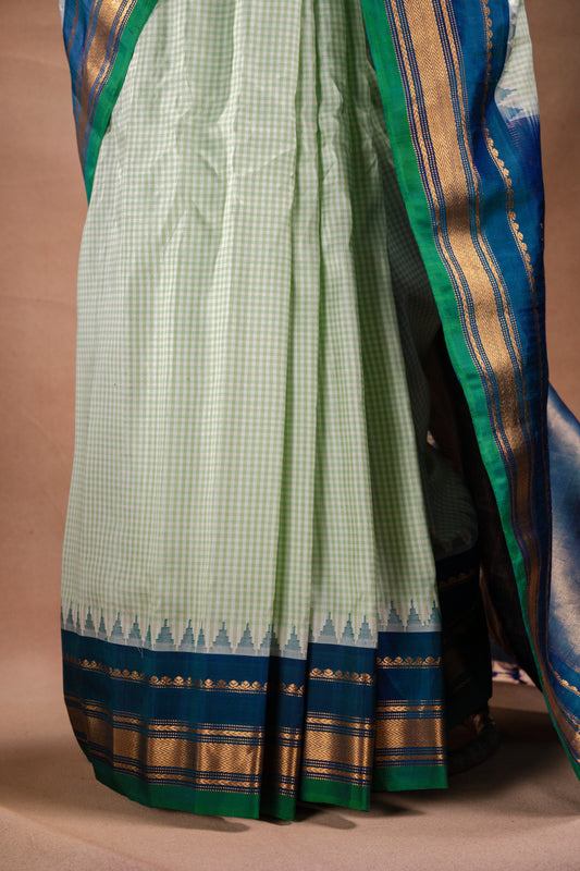 Gadwal Silk Light Green Checks with Blue Border Saree