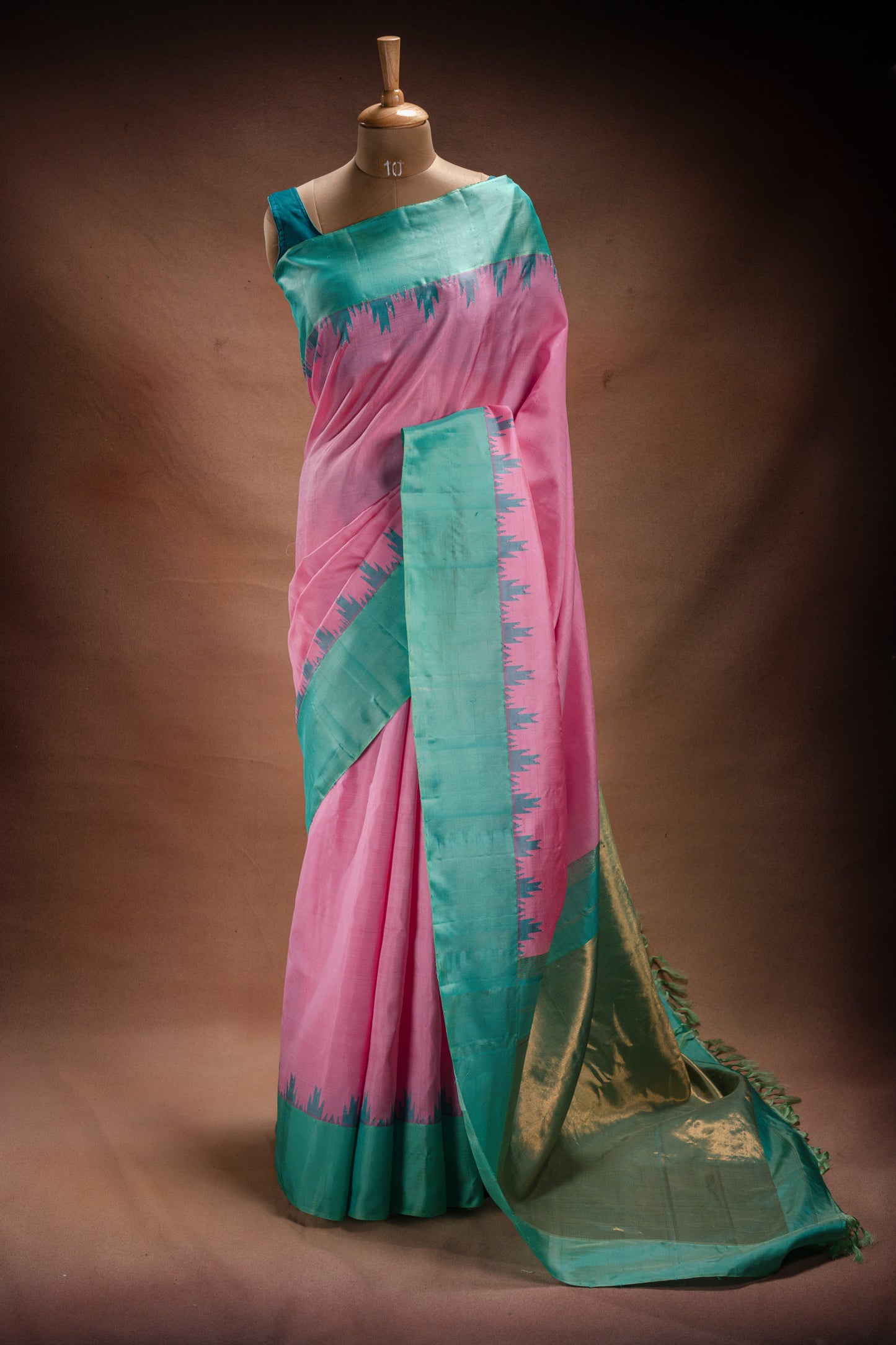 Gadwal Silk Pink with Aqua Border Saree