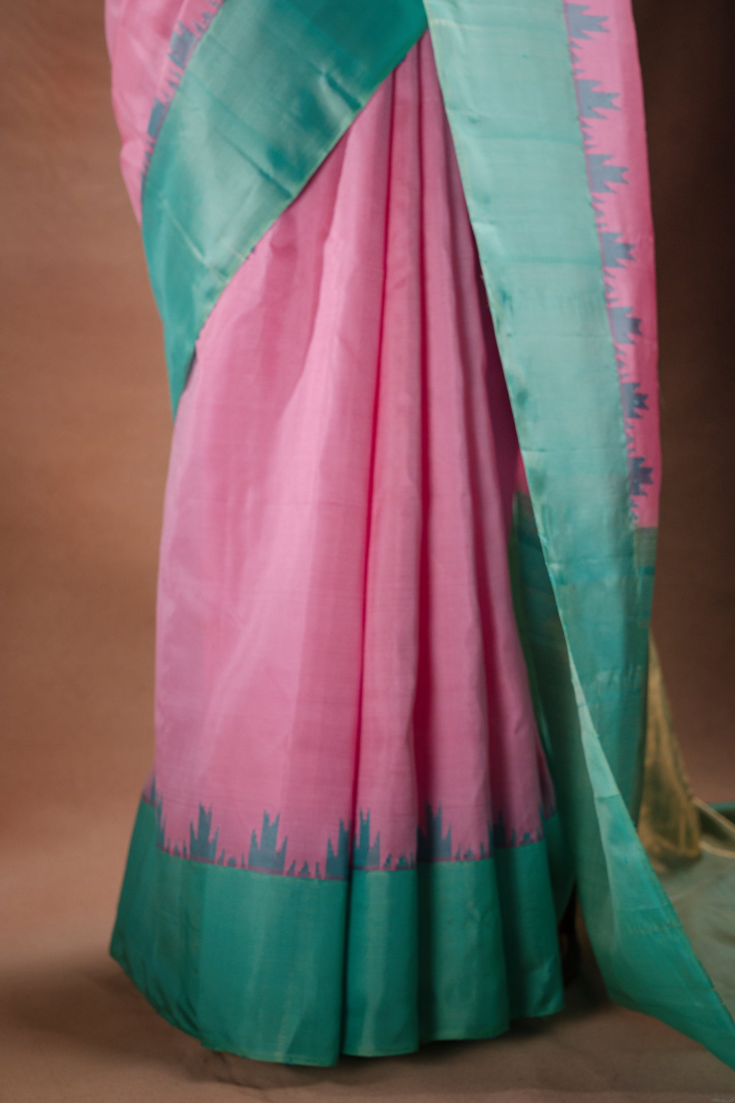 Gadwal Silk Pink with Aqua Border Saree