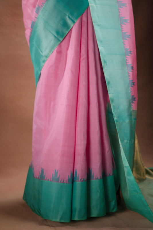 Gadwal Silk Pink with Aqua Border Saree