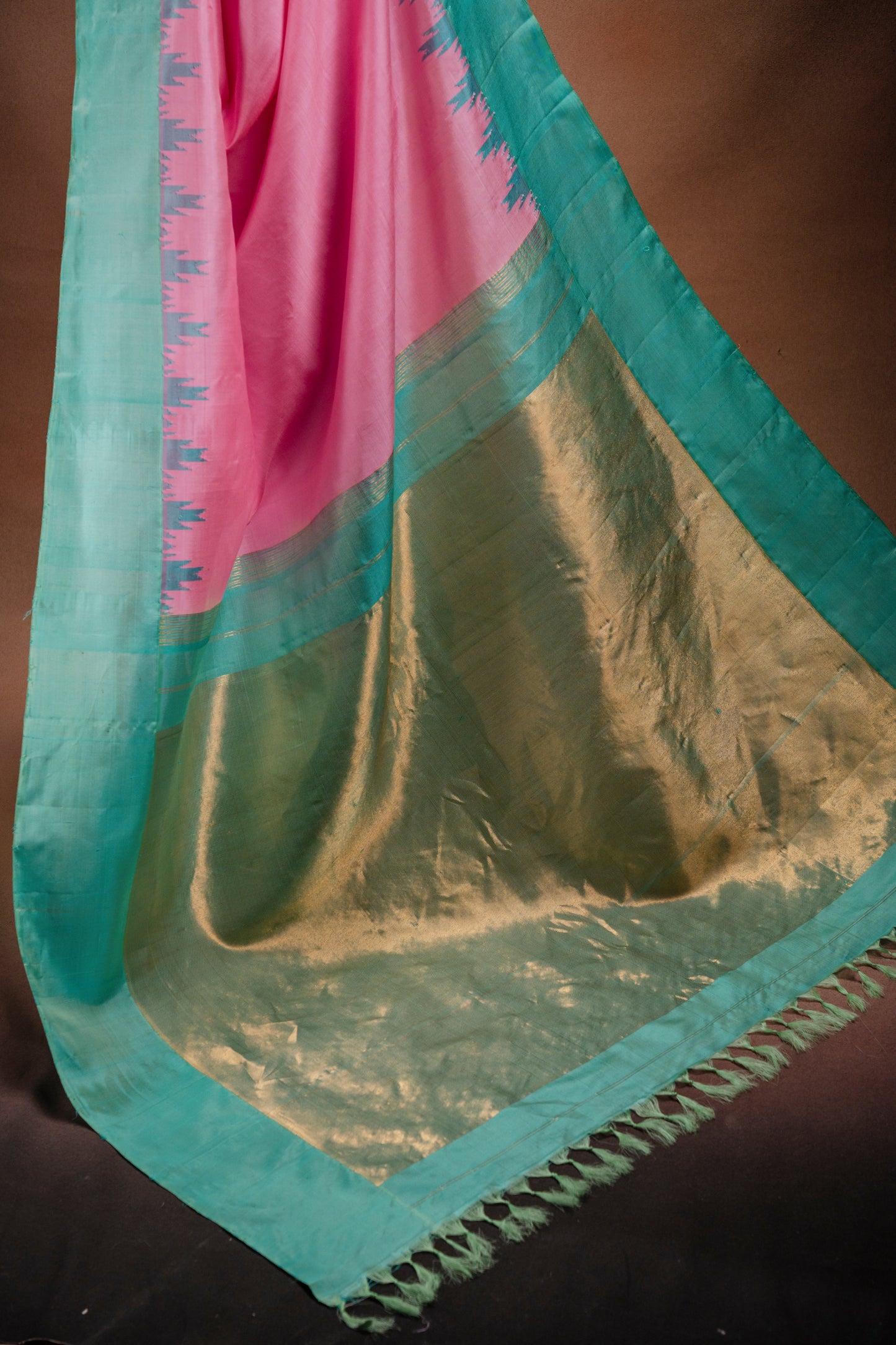 Gadwal Silk Pink with Aqua Border Saree